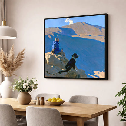 Sunlit Walker and Dog on Great Gable gifts for dog walkers wall art displayed in a dining room