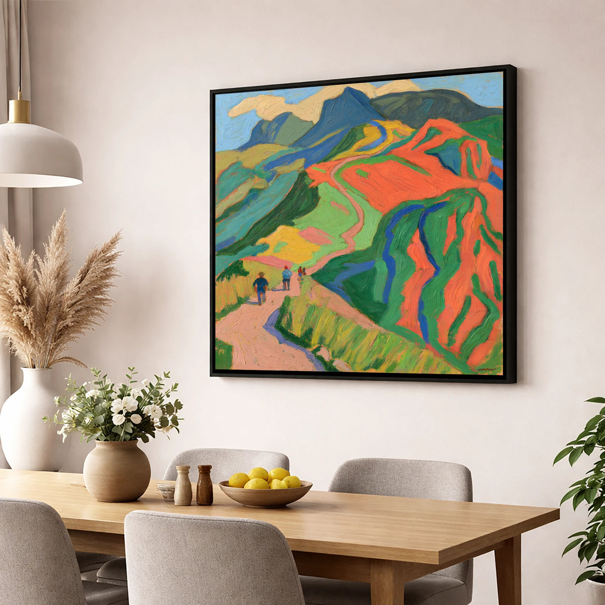 Walkers on a Vivid Fell Path lake district walking wall art displayed in a dining room