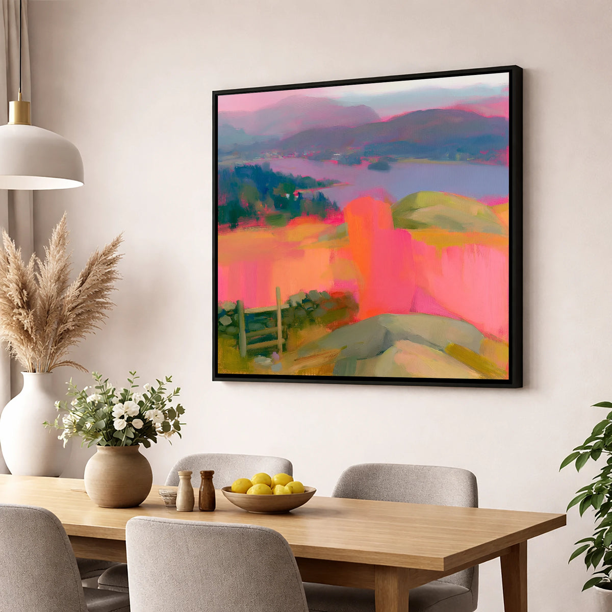 Vibrant Ambleside from Loughrigg lake district village wall art displayed in a dining room