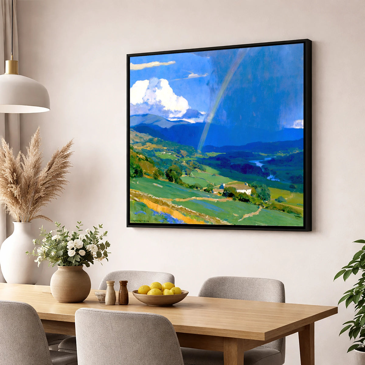 Passing Storm And Valley Rainbow lake district sky wall art displayed in a dining room