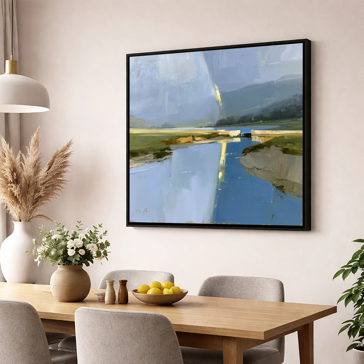 Golden Rainbow Over the River lake district sky wall art displayed in a dining room