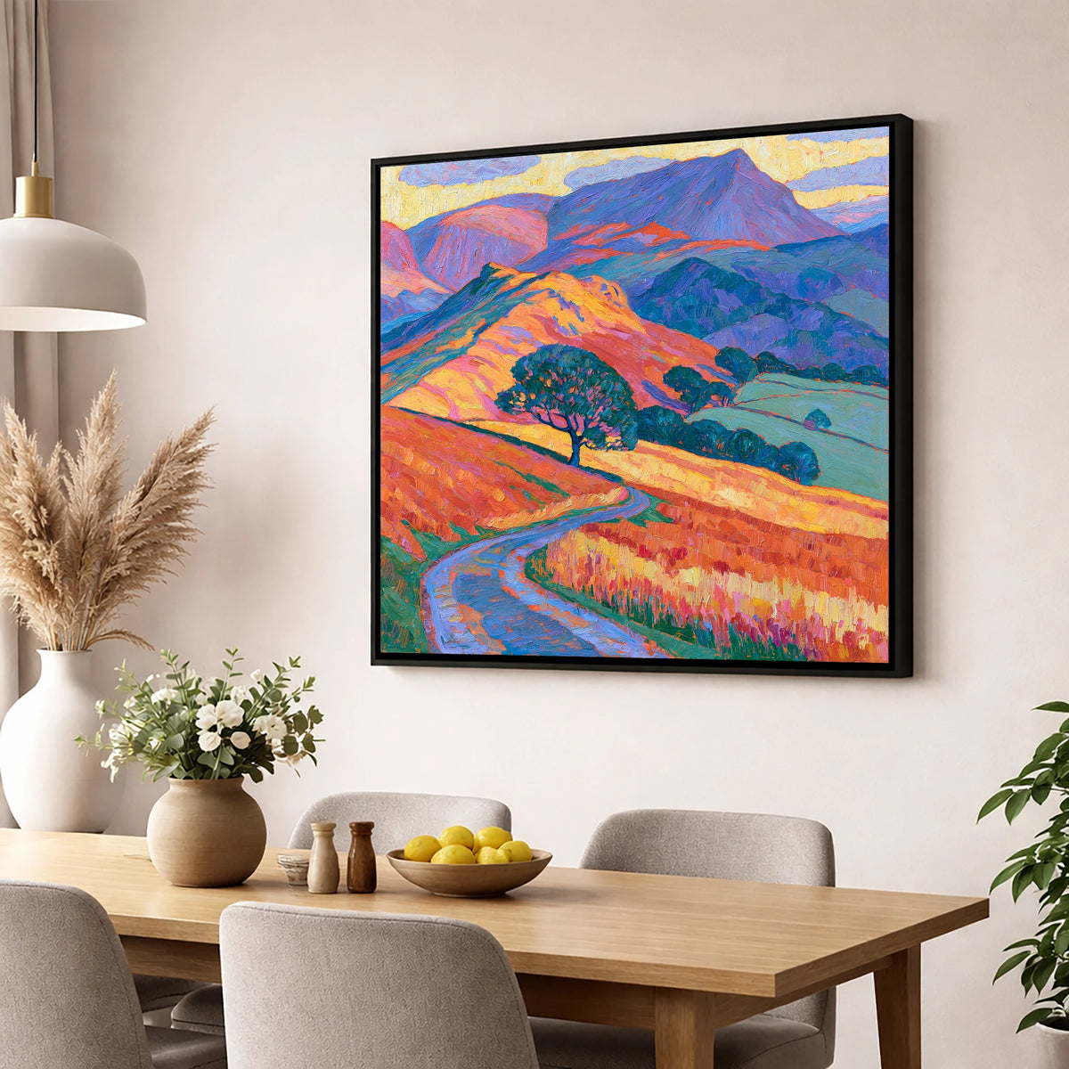 Golden Fell Track and Violet Peaks lake district sky wall art displayed in a dining room