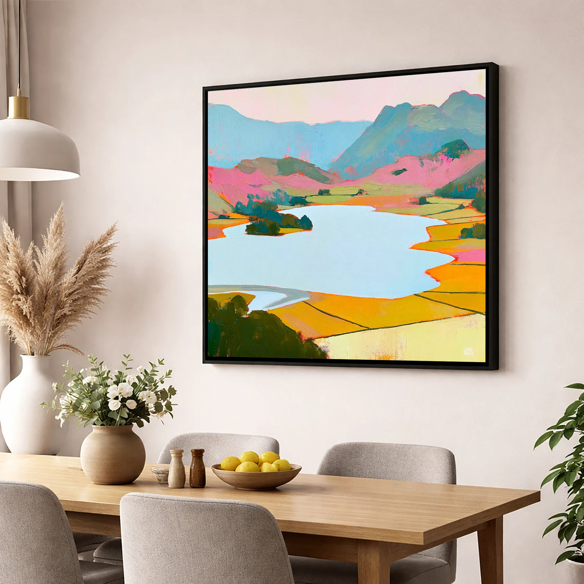 Colourful Elter Water Landscape lake district lake wall art displayed in a dining room
