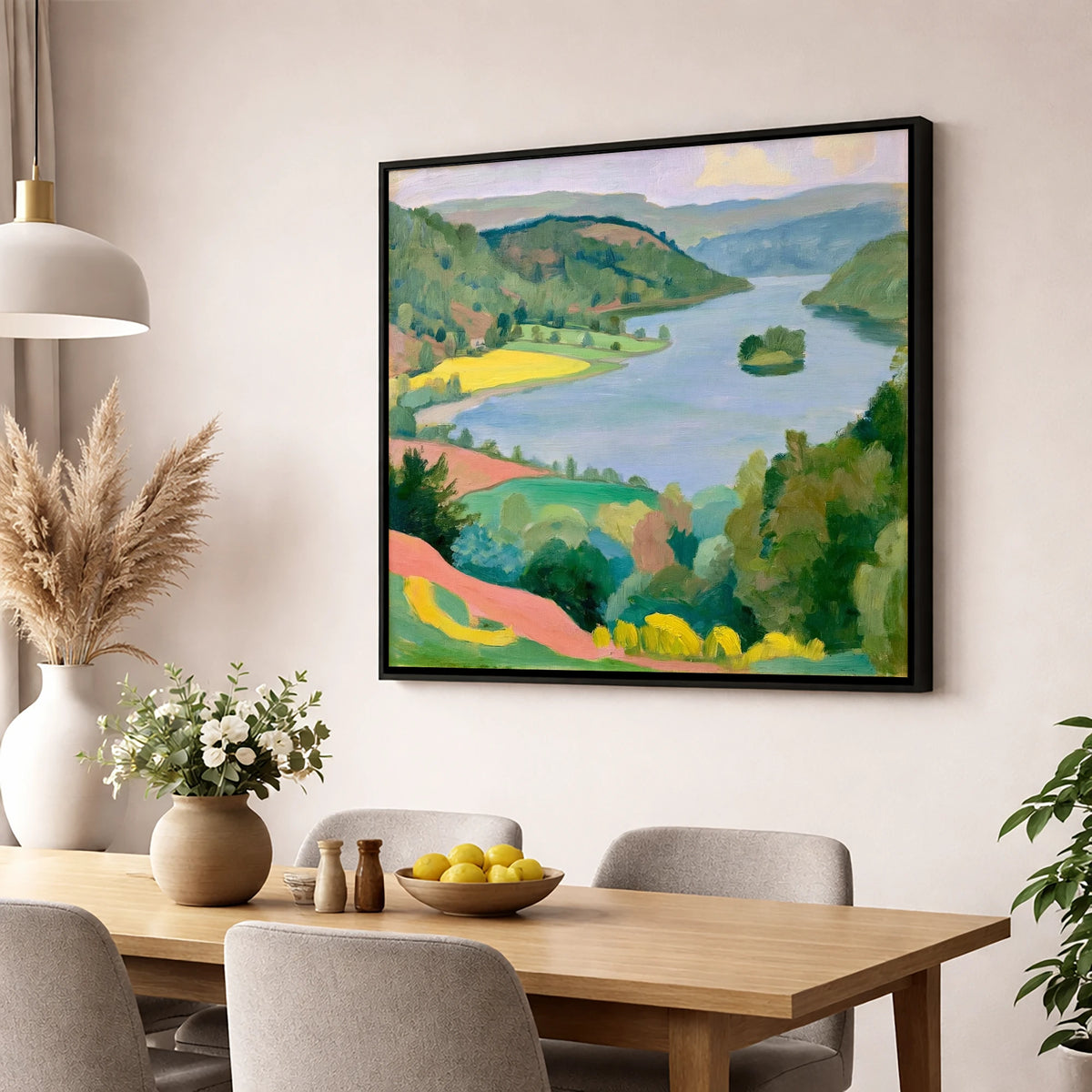 Vibrant Rydal Water from Above lake district lake wall art displayed in a dining room
