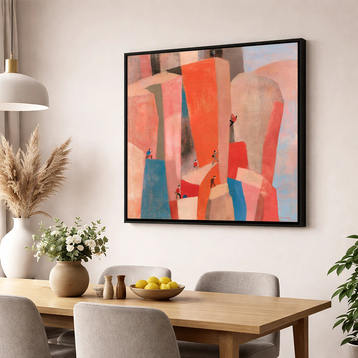 Geometric Climbers on a Crag lake district walking wall art displayed in a dining room