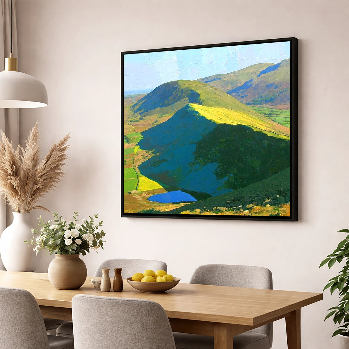 Vivid Sunlight On Beda Fell lake district fell wall art displayed in a dining room