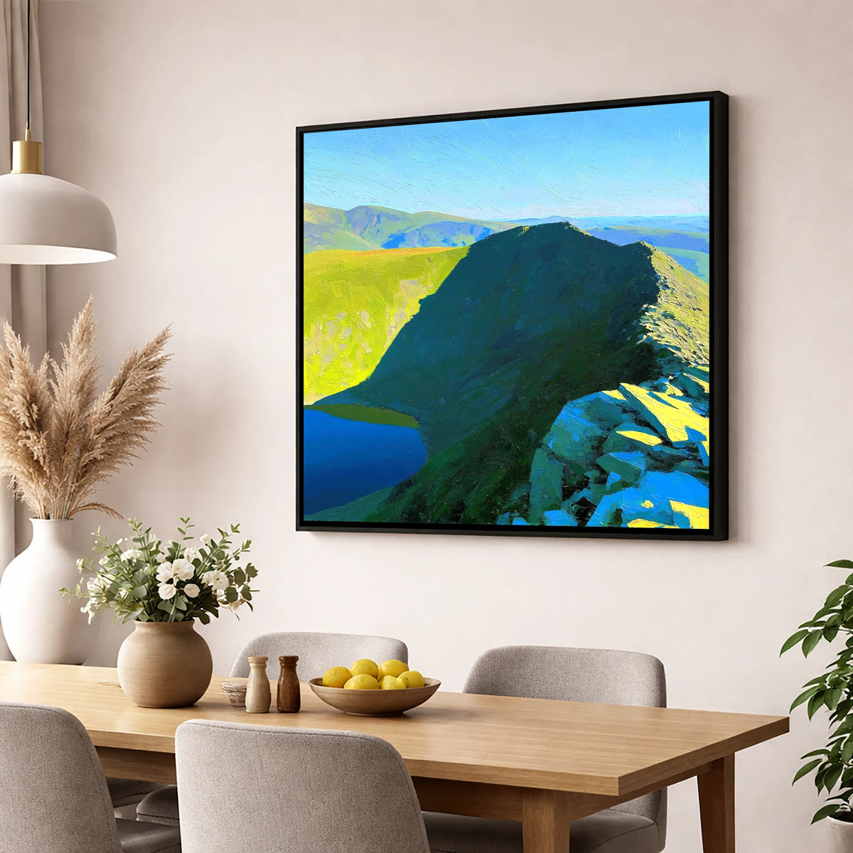 Sunlit Striding Edge on Helvellyn lake district walking wall art displayed in a dining room
