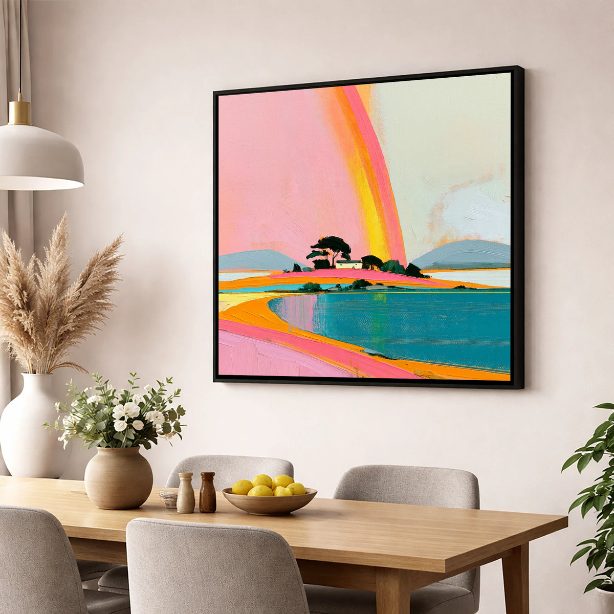 Bold Rainbow Over the Lake lake district sky wall art displayed in a dining room