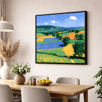 Colourful Dale Patchwork Fields lake district valley wall art displayed in a dining room