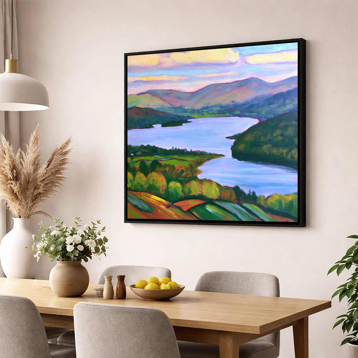 Vibrant Sunset Above Ambleside lake district village wall art displayed in a dining room