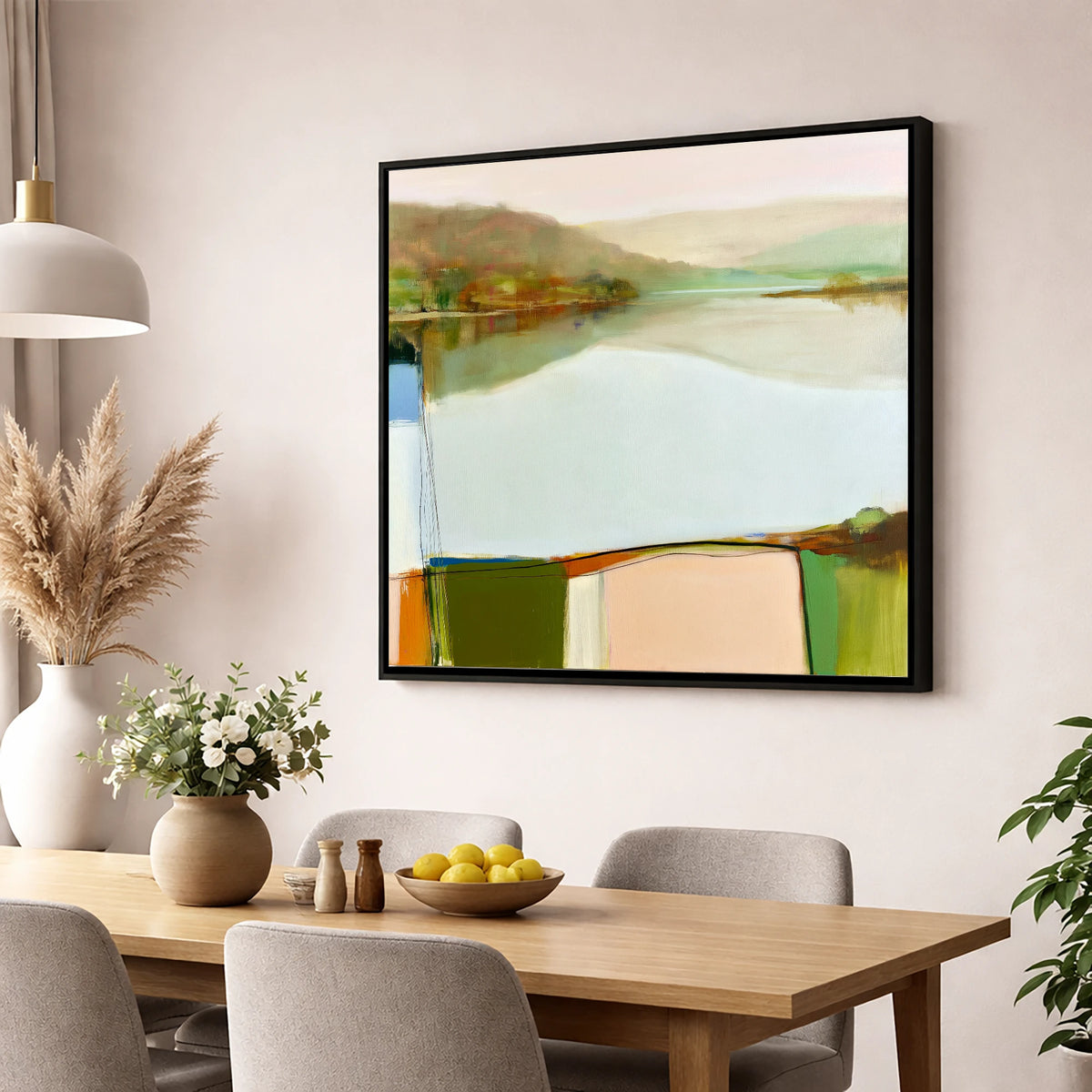 Abstract Calm Lake Reflections lake district lake wall art displayed in a dining room