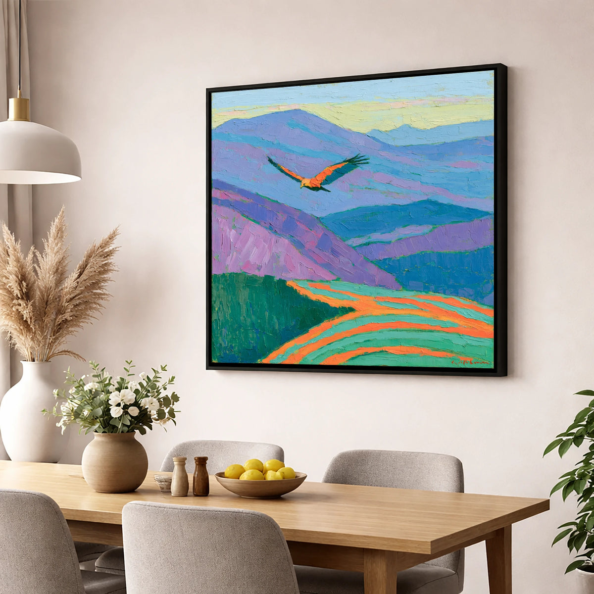 Soaring Buzzard Over Vibrant Fells lake district wildlife wall art displayed in a dining room