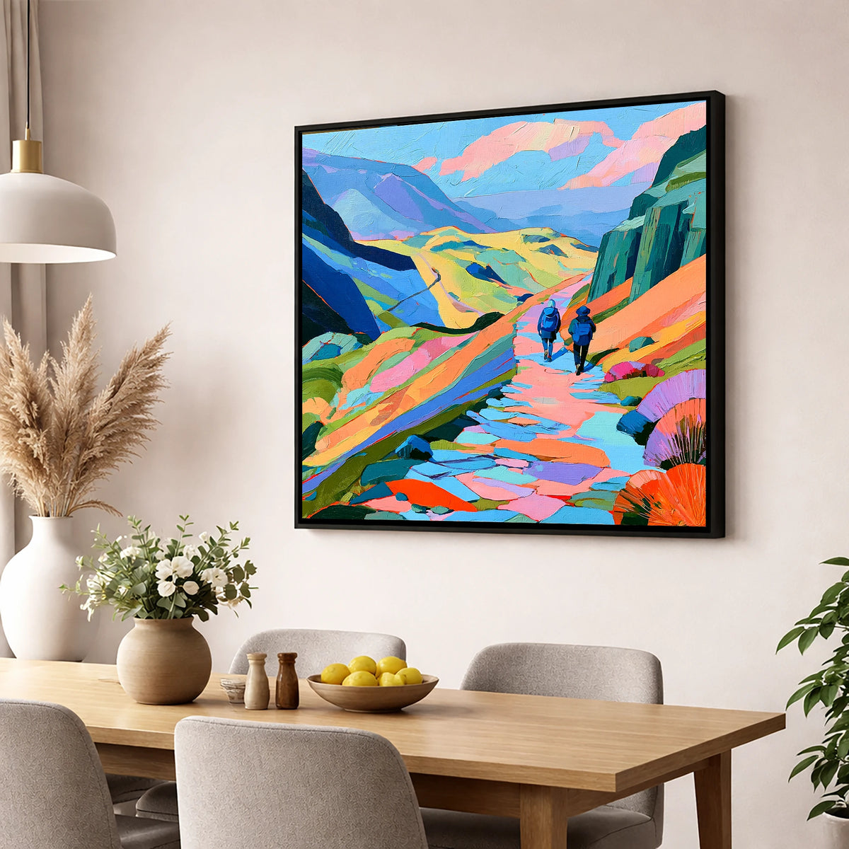 Walkers on a Vibrant Fell Path lake district walking wall art displayed in a dining room