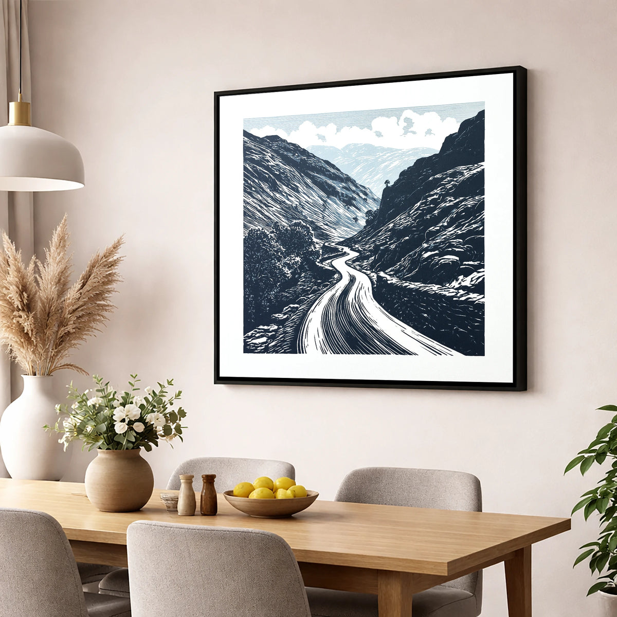Navy Blue Hardknott Pass Road lake district valley wall art displayed in a dining room