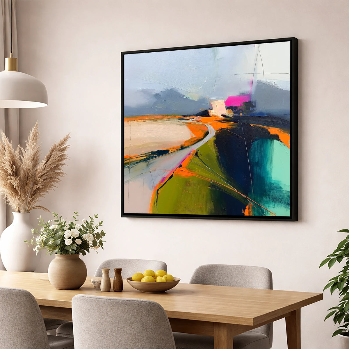 Mountain Pass Vivid Abstract lake district valley wall art displayed in a dining room