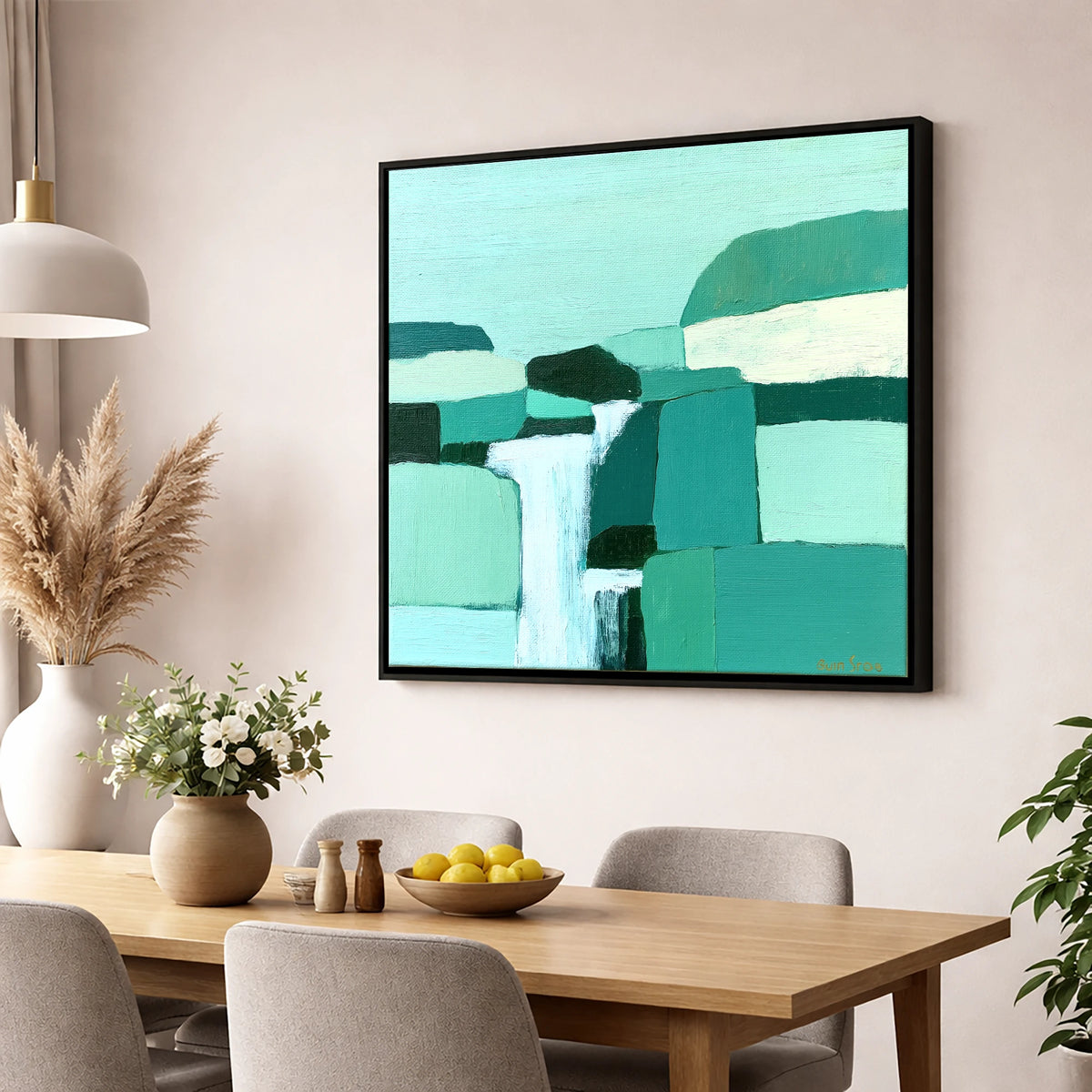 Abstract Teal Waterfall Over Rocks lake district waterfall wall art displayed in a dining room