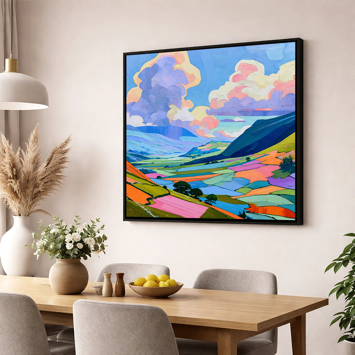 Lavender Clouds Over Rolling Fells lake district fell wall art displayed in a dining room
