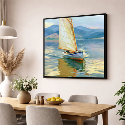 Sailing Boat on Golden Water lake district walking wall art displayed in a dining room