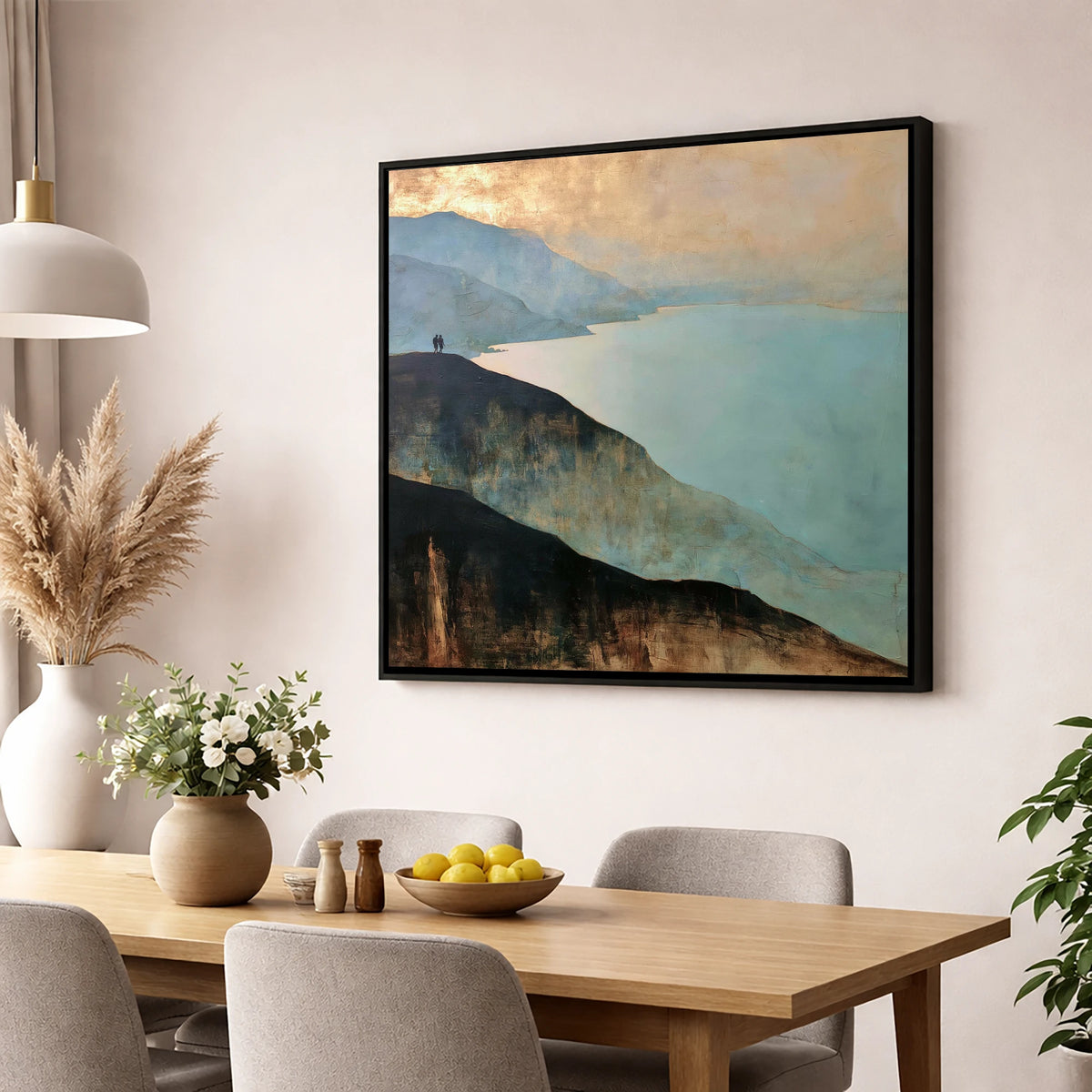 Walkers on Catbells Ridge lake district fell wall art displayed in a dining room