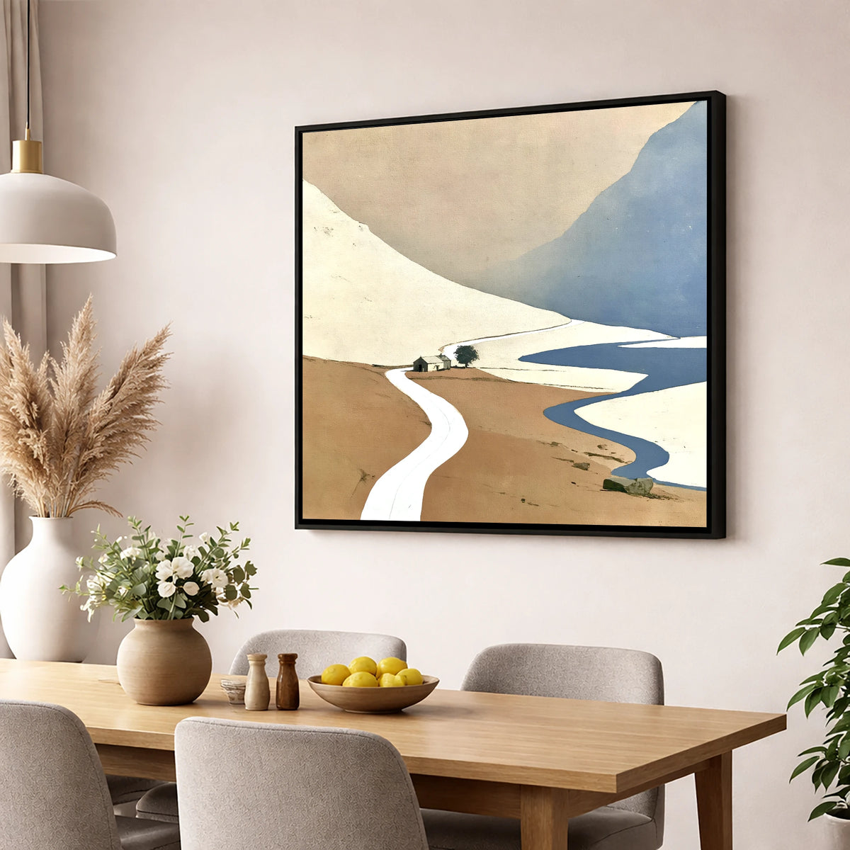 Kirkstone Pass Minimalist Landscape lake district valley wall art displayed in a dining room