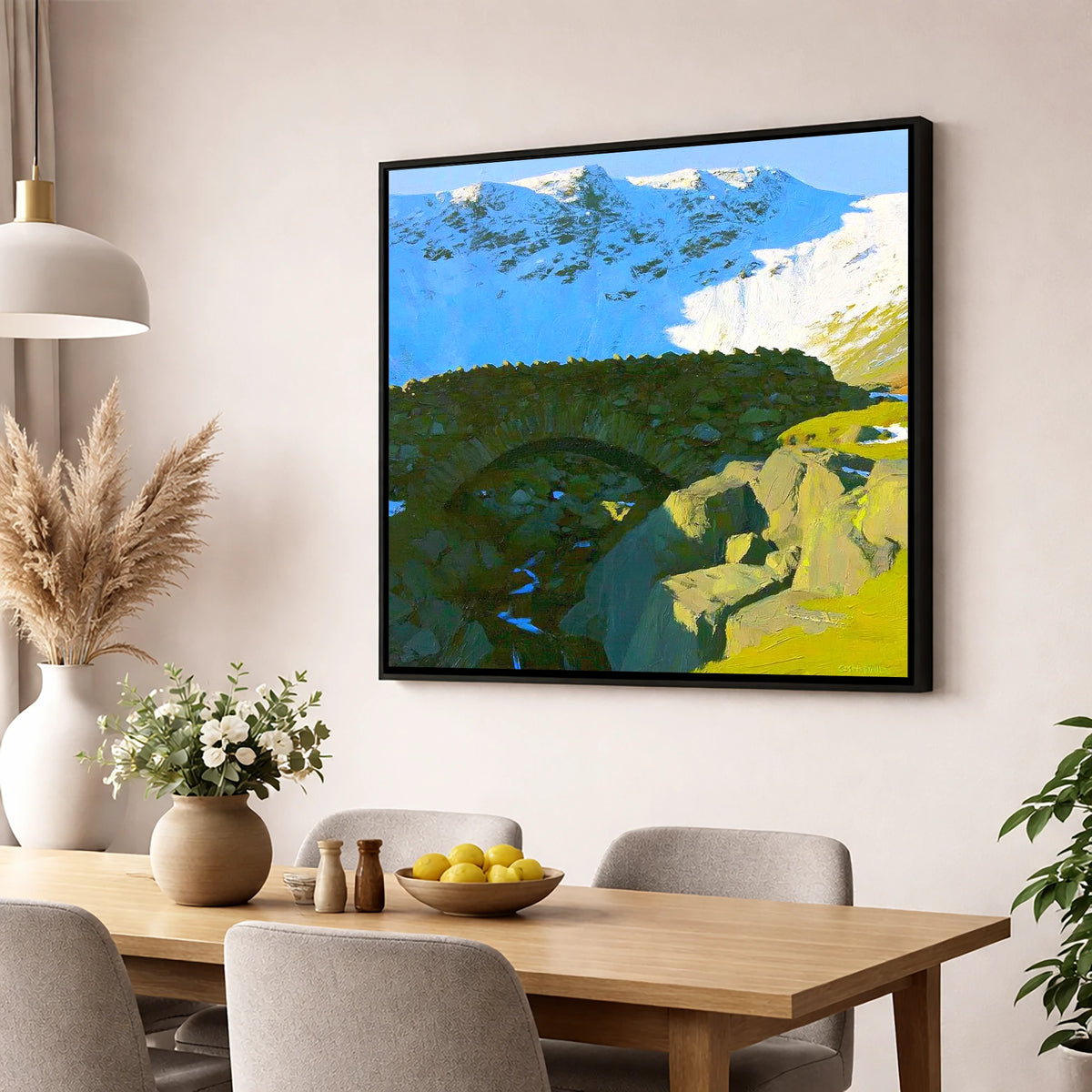 Allen Crags Winter Stone Bridge lake district fell wall art displayed in a dining room