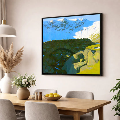 Allen Crags Winter Stone Bridge lake district fell wall art displayed in a dining room