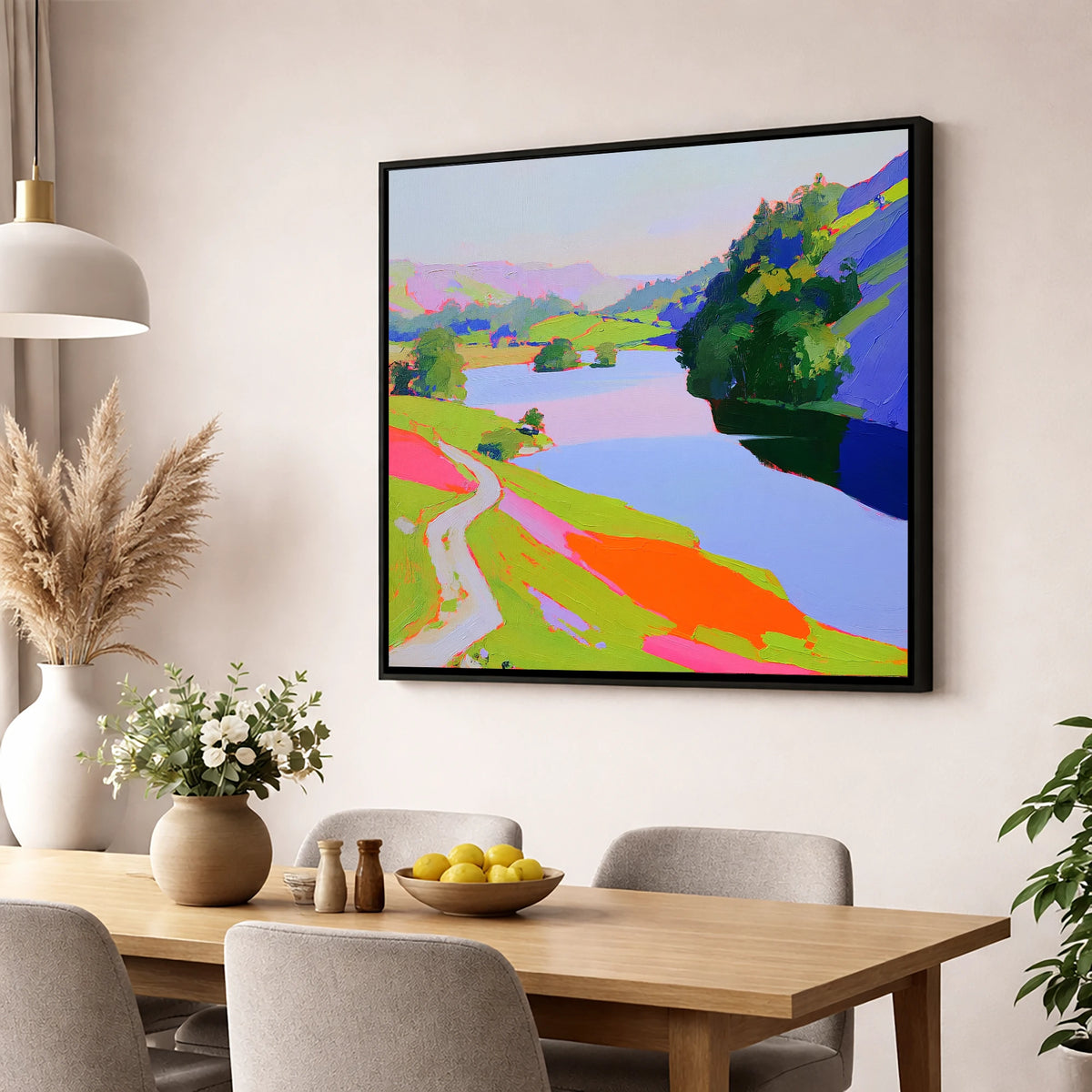 Vibrant Path by Rydal Water lake district lake wall art displayed in a dining room