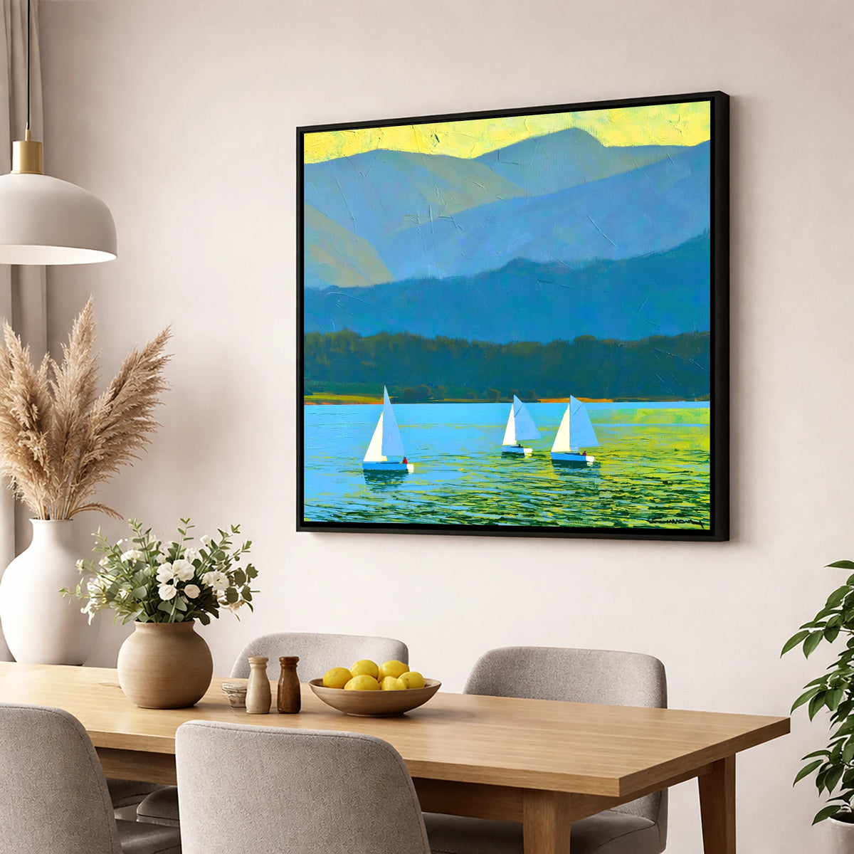 Windermere Sailboats Against Blue Fells lake district lake wall art displayed in a dining room