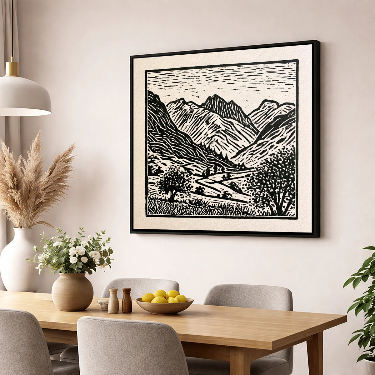 Eskdale Valley in Monochrome lake district valley wall art displayed in a dining room