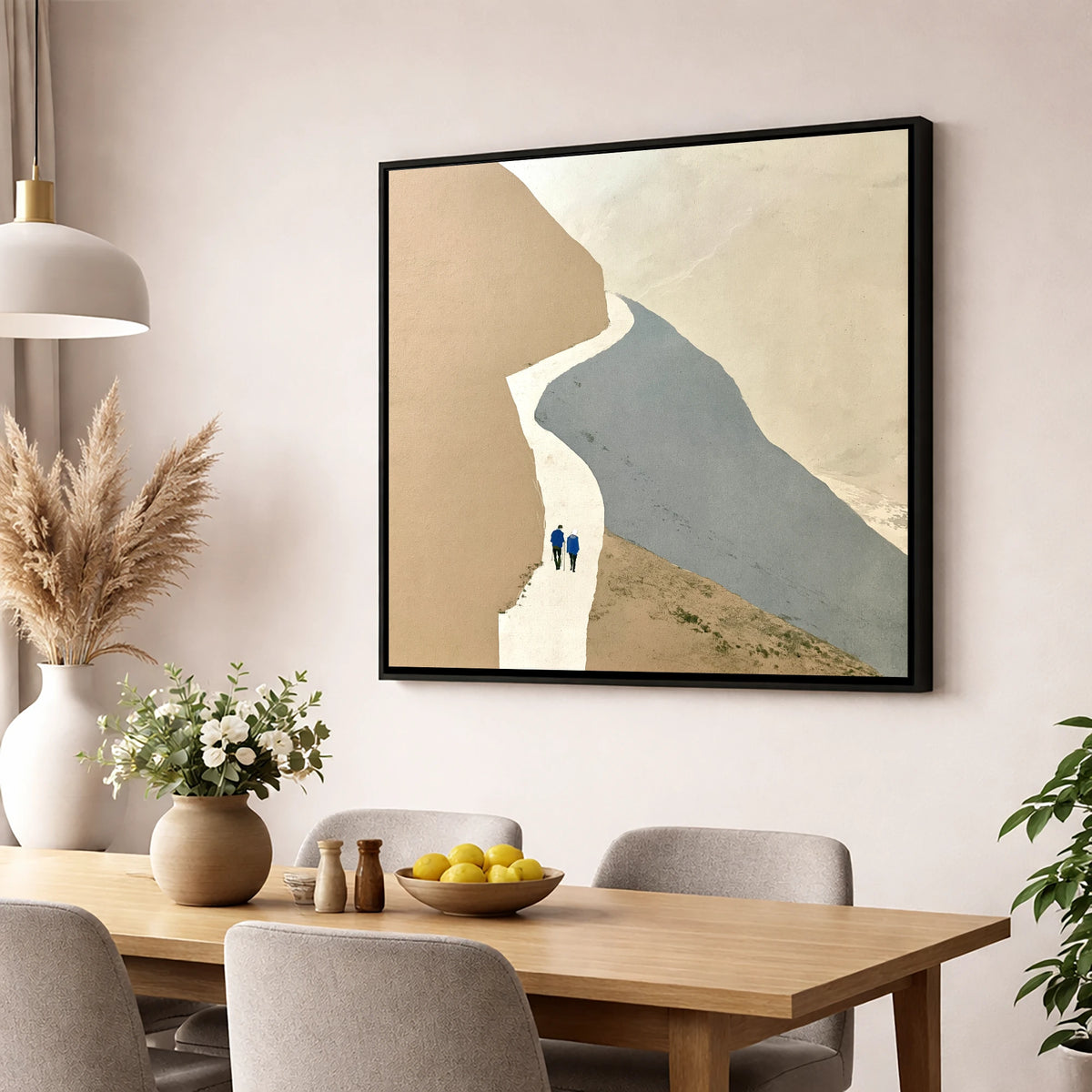 Fell Walkers on the Winding Slate Path lake district walking wall art displayed in a dining room