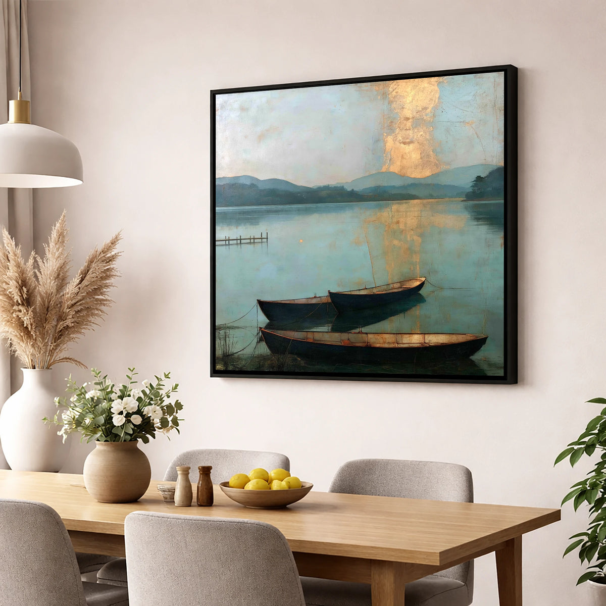 Golden Light over Windermere Boats lake district lake wall art displayed in a dining room