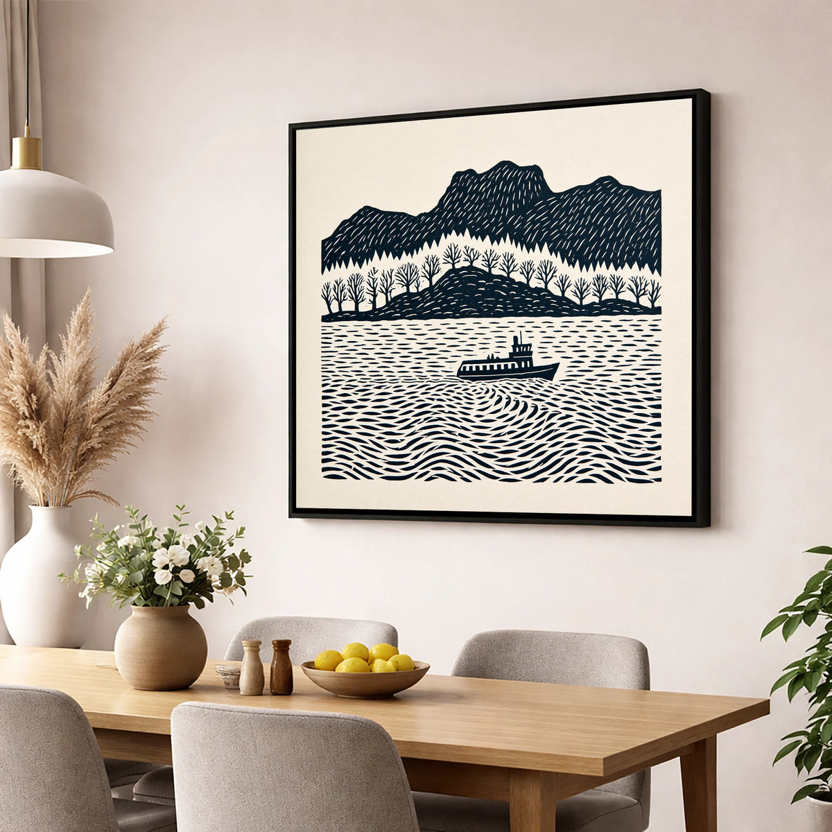 Windermere Steamer on Rhythmic Waters lake district lake wall art displayed in a dining room