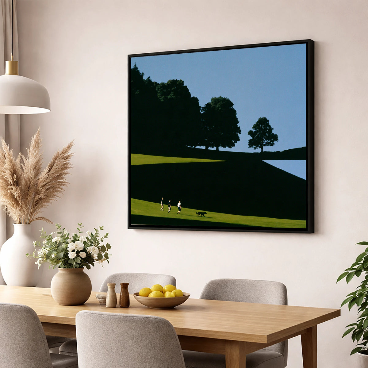 Tarn Hows Dog Walk Silhouettes gifts for dog walkers wall art displayed in a dining room