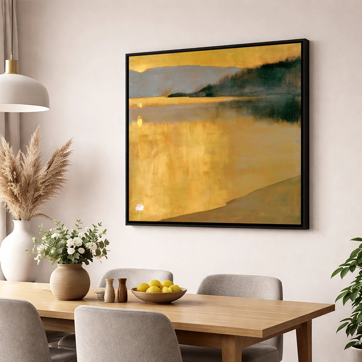 Golden Sunrise on the Lake lake district lake wall art displayed in a dining room