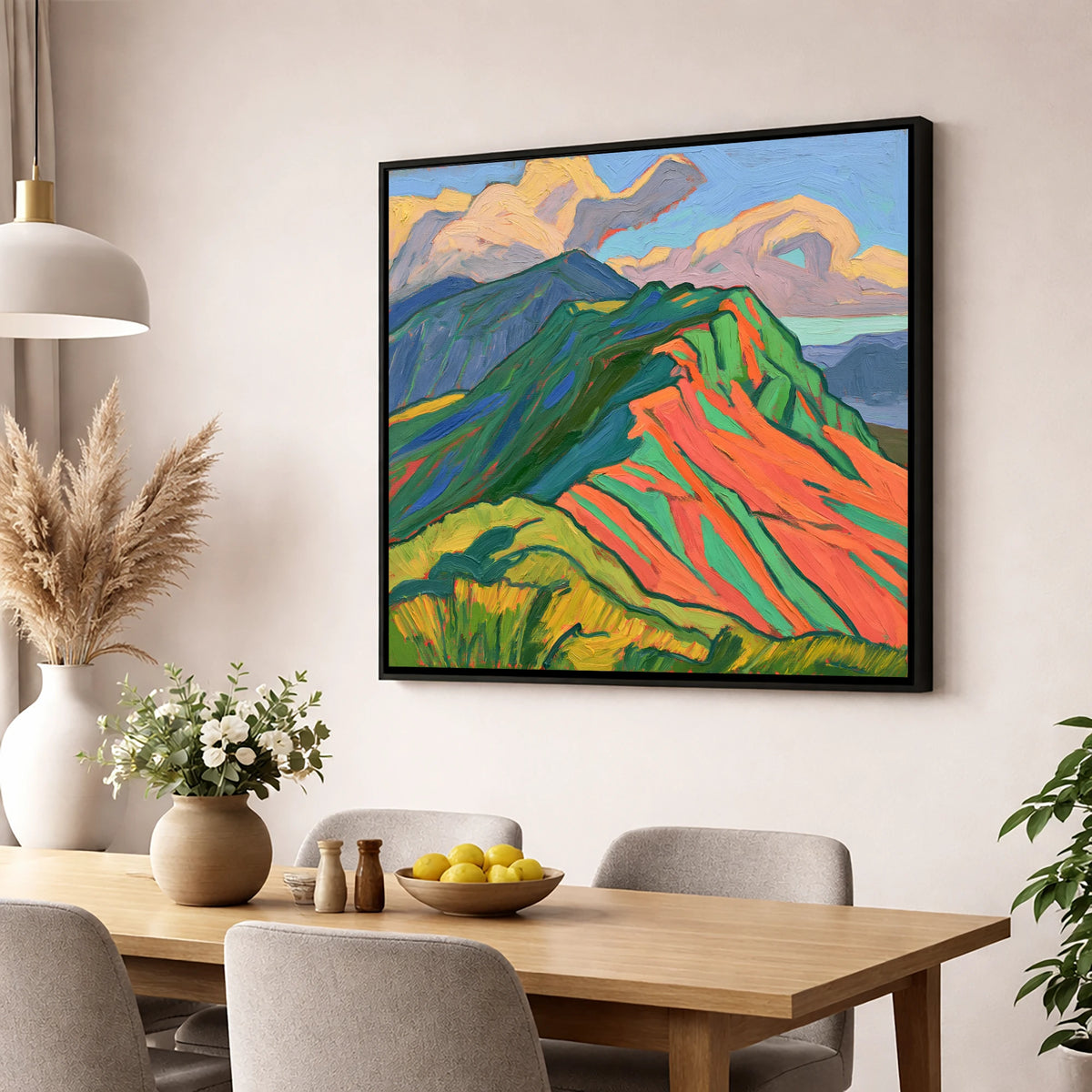 Vibrant Mountain Ridge lake district fell wall art displayed in a dining room
