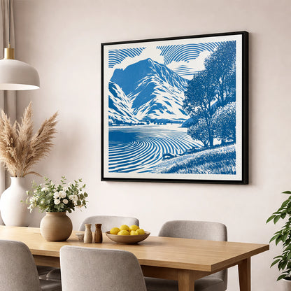 Cobalt Blue Buttermere Landscape lake district lake wall art displayed in a dining room