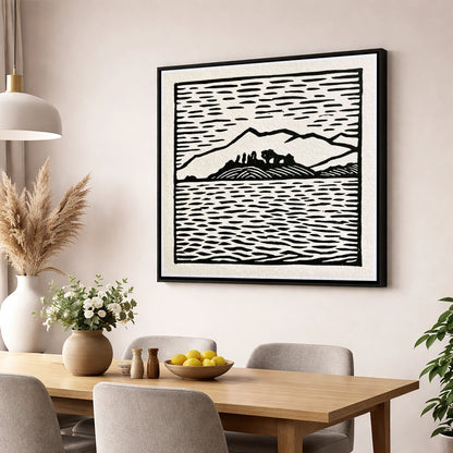 Bold Monochrome Derwentwater Island lake district lake wall art displayed in a dining room