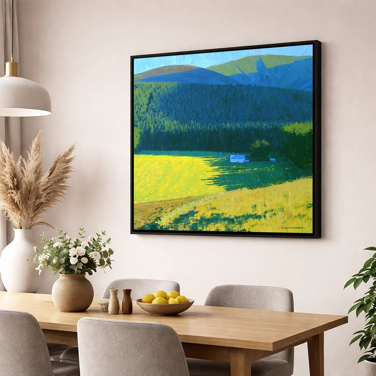 Sunlit Farm Under Whinlatter Forest lake district fell wall art displayed in a dining room