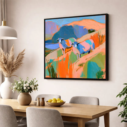 Colourful Herdwick Sheep on Fellside lake district wildlife wall art displayed in a dining room