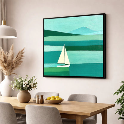 White Sailboat on a Teal Lake lake district walking wall art displayed in a dining room