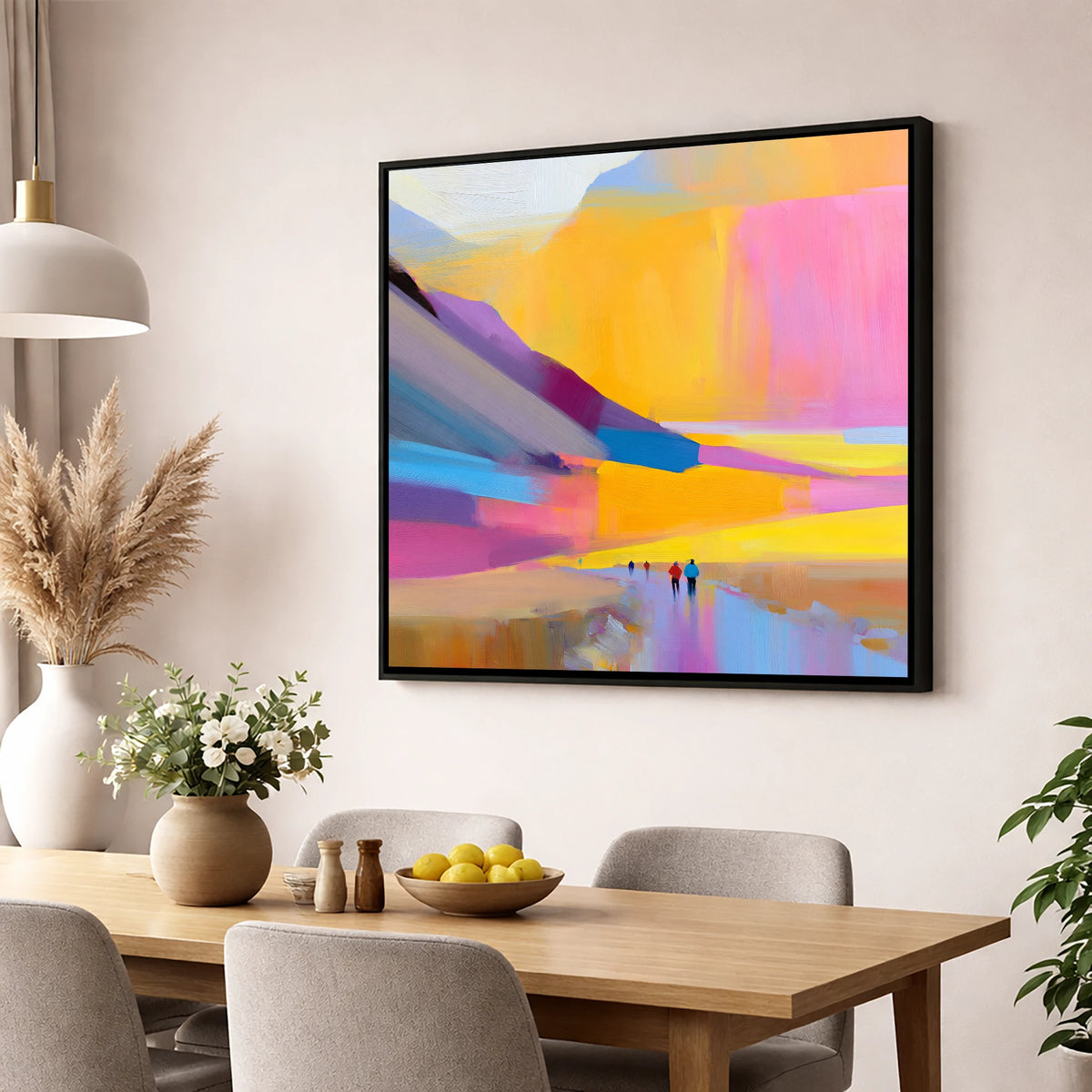 Vibrant Sunset Fell Walkers lake district walking wall art displayed in a dining room