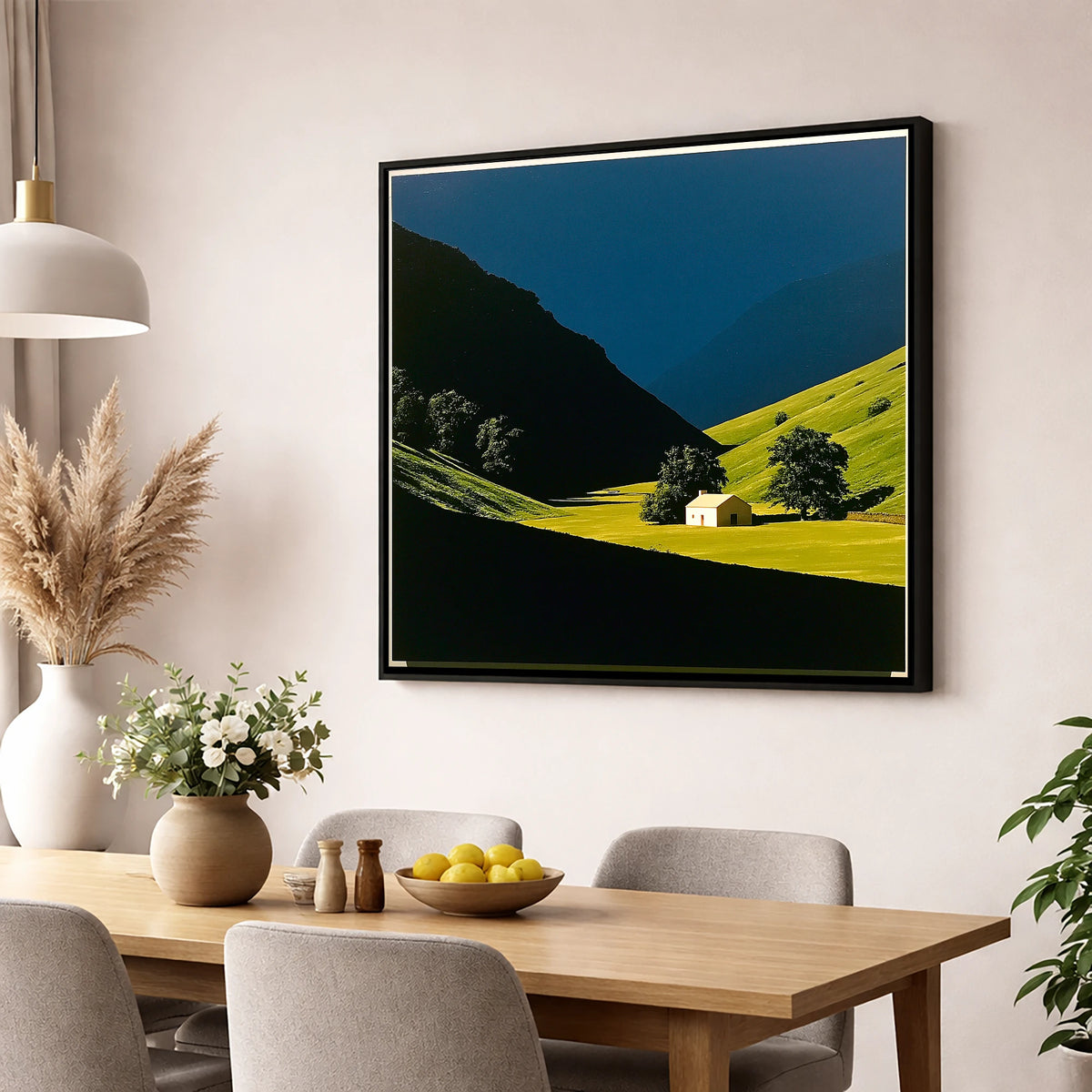 Sunlit Farmhouse in a Green Valley lake district valley wall art displayed in a dining room