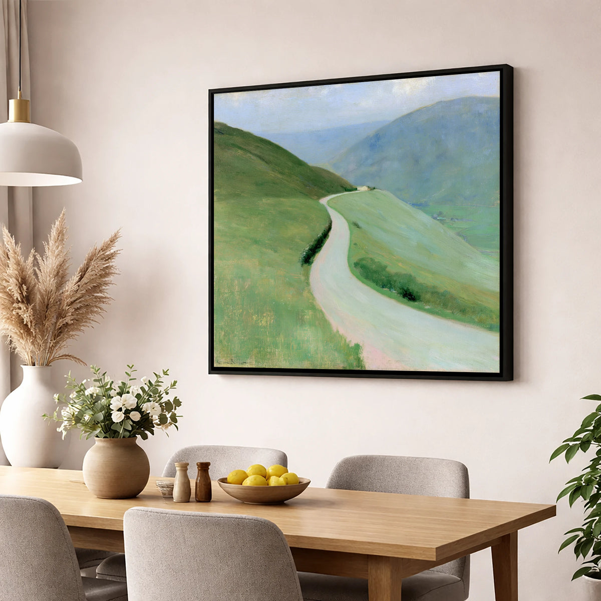 Winding Pass in Soft Greens lake district valley wall art displayed in a dining room