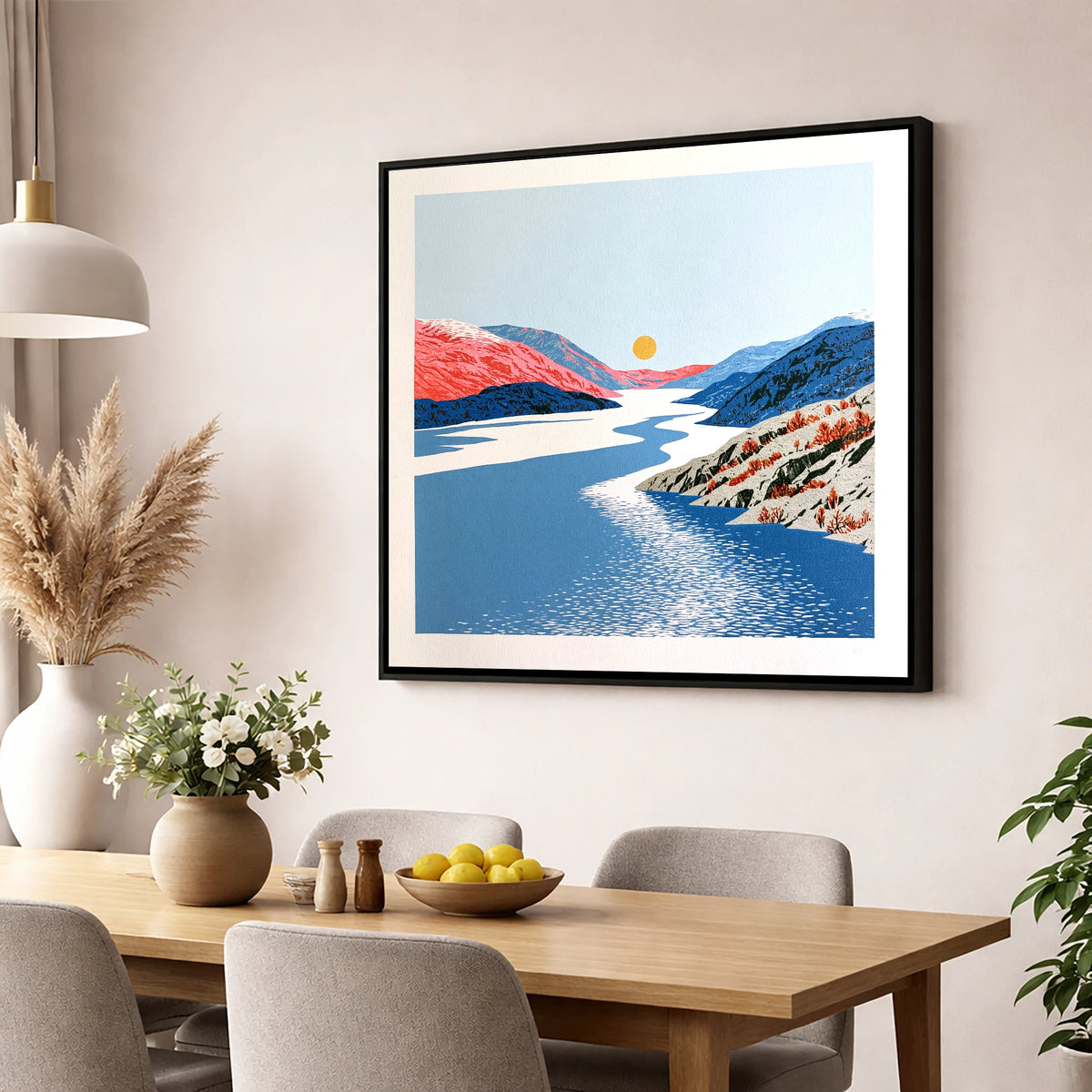 Ennerdale Valley and Golden Sun lake district valley wall art displayed in a dining room