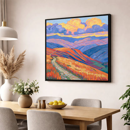 Colourful Rolling Fells Under Cloud lake district fell wall art displayed in a dining room