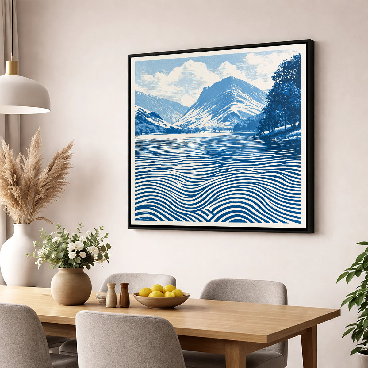 Buttermere in Cobalt Blue lake district lake wall art displayed in a dining room