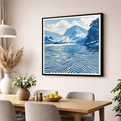 Buttermere in Cobalt Blue lake district lake wall art displayed in a dining room