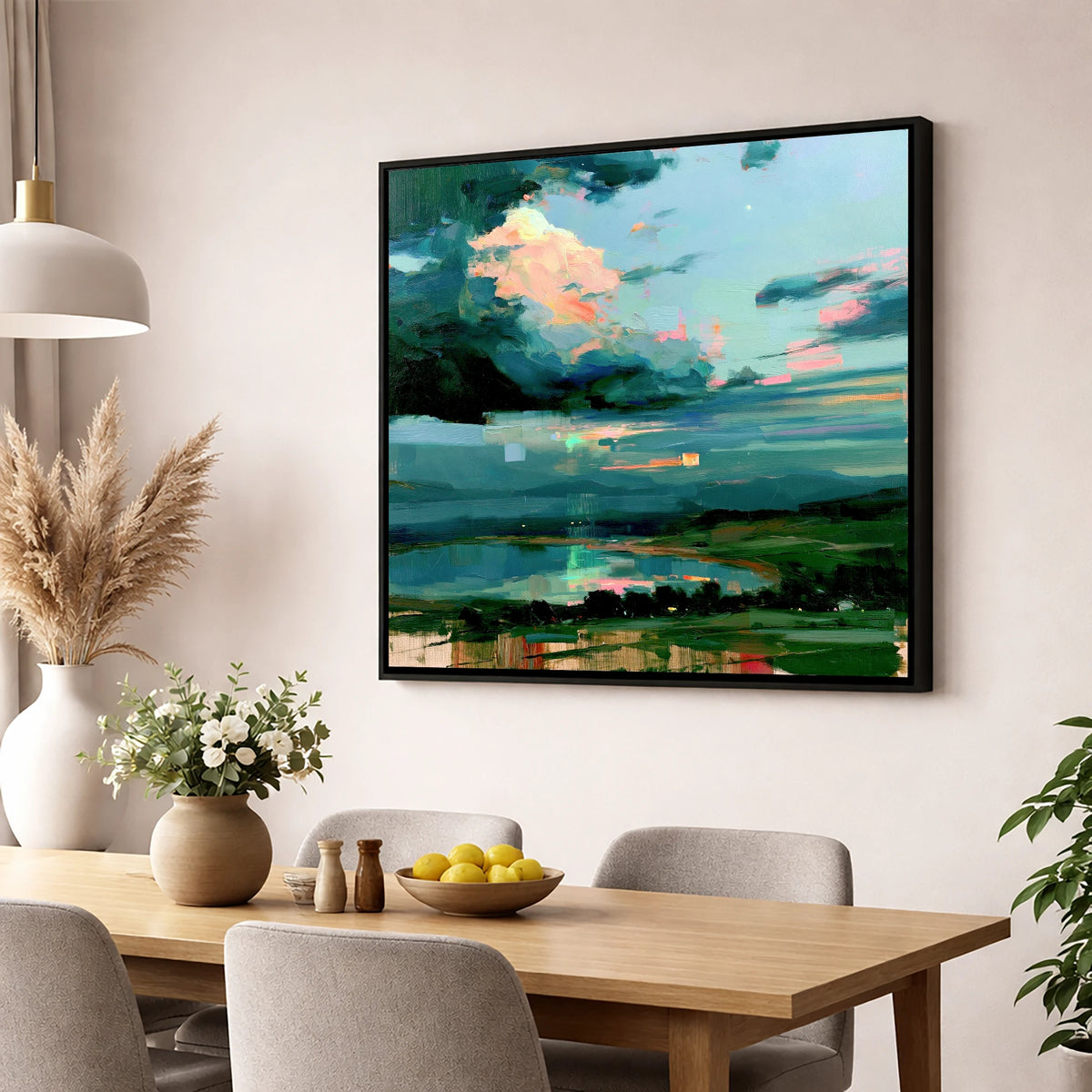 Vivid Sunrise Sky Over Lake lake district sky wall art displayed in a dining room