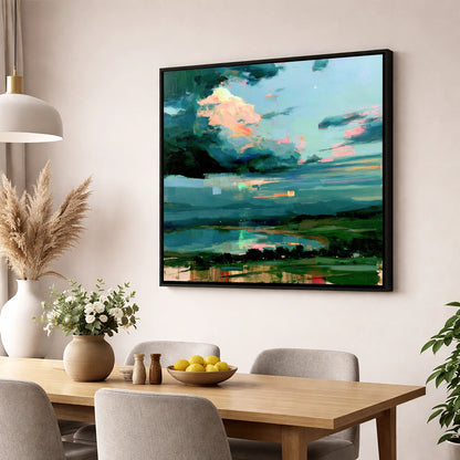 Vivid Sunrise Sky Over Lake lake district sky wall art displayed in a dining room