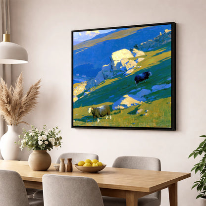 Herdwick Sheep on Sunlit Fell lake district wildlife wall art displayed in a dining room